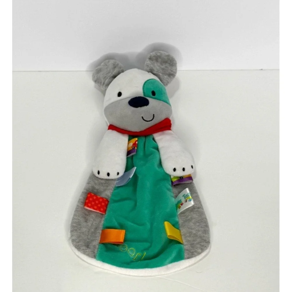 Taggies Security Blanket Lovey Rattle Puppy Dog‎ Plush Baby WOOF! Turquoise Gray